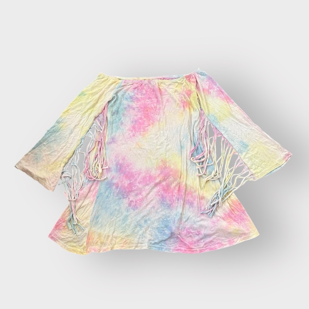 Wink Gal Pastel Tie Dye Fringe Off the Shoulder T-Shirt Dress - Boho Hippie